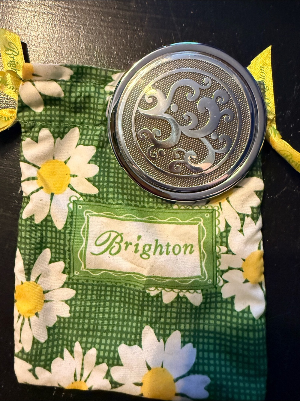 Brighton Silver Compact Mirror with Green Daisy Drawstring Pouch